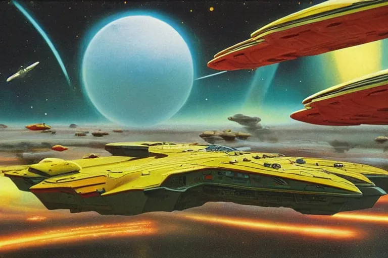 Image similar to bold military spaceship cruising in front of a lush planet, fluid, smooth, bright saturated colours, high contrast, sharpness, very detailed, intricate, by angus mckie, colin hay, stewart cowley, john berkey, wojciech siudmak