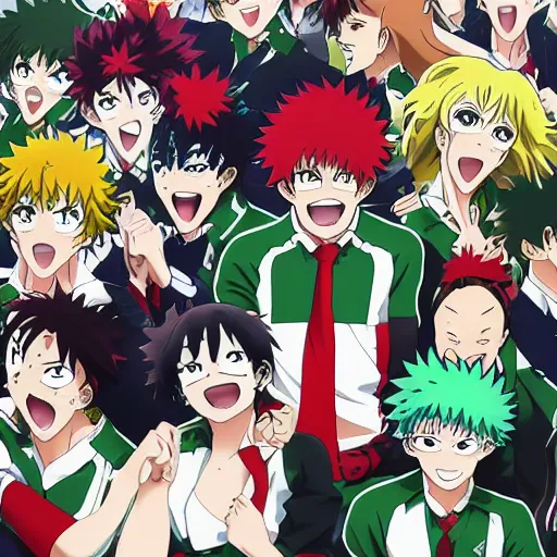 Prompt: anime key visual of a classical oil painting of drunk English football fans, official media from my hero academia