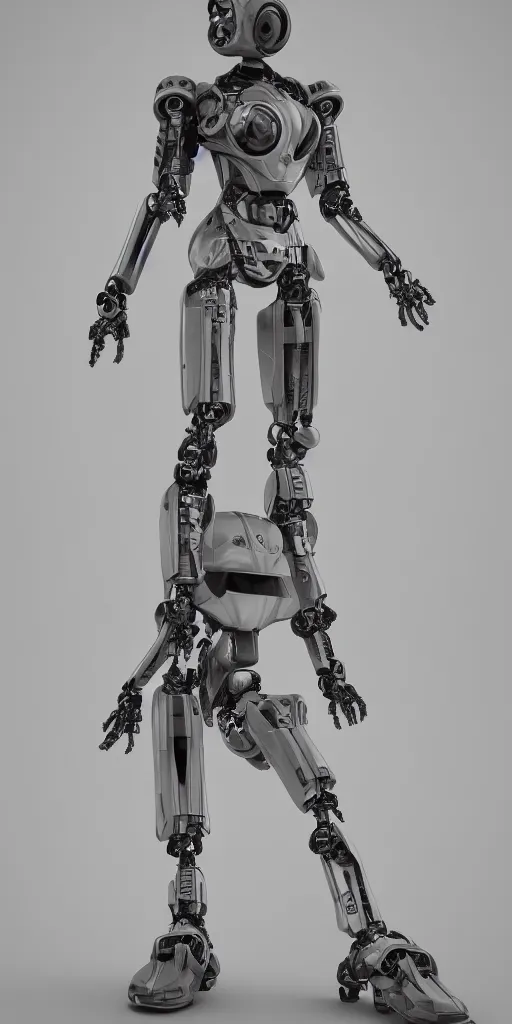 Image similar to a robot is standing in a black and white photo, a 3 d render by senior character artist, cgsociety, afrofuturism, hard surface modeling, cryengine, zbrush