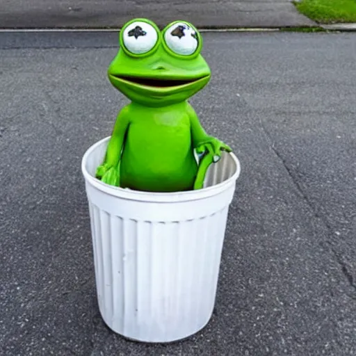 Image similar to pepe the frog standing in a trash can