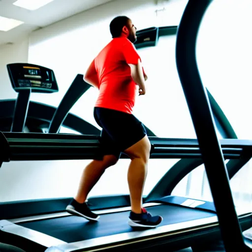 Prompt: a fat man running on a treadmill heavily sweating