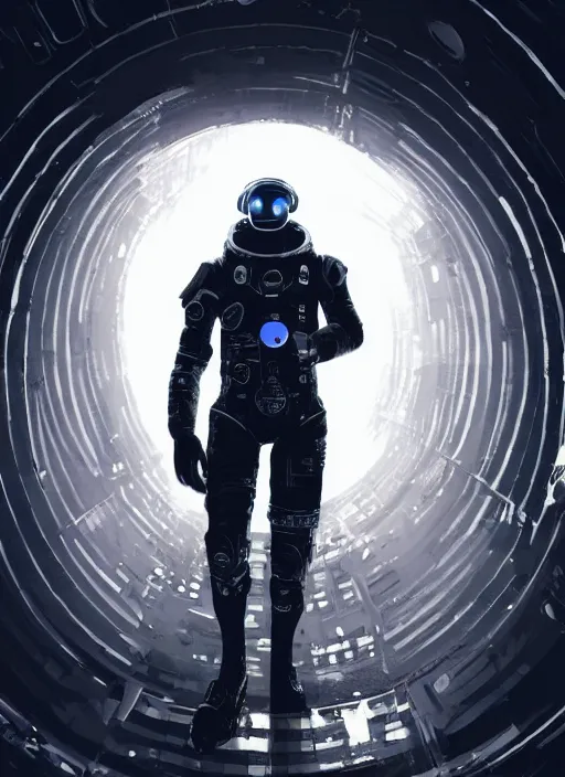 Image similar to a man in a space suit standing in a tunnel, cyberpunk art by neil blevins, cgsociety, retrofuturism, sci - fi, darksynth, dystopian art