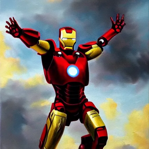 Image similar to Photorealistic oil painting of a scrap built Iron Man suit flying in a Post Apocalyptic world