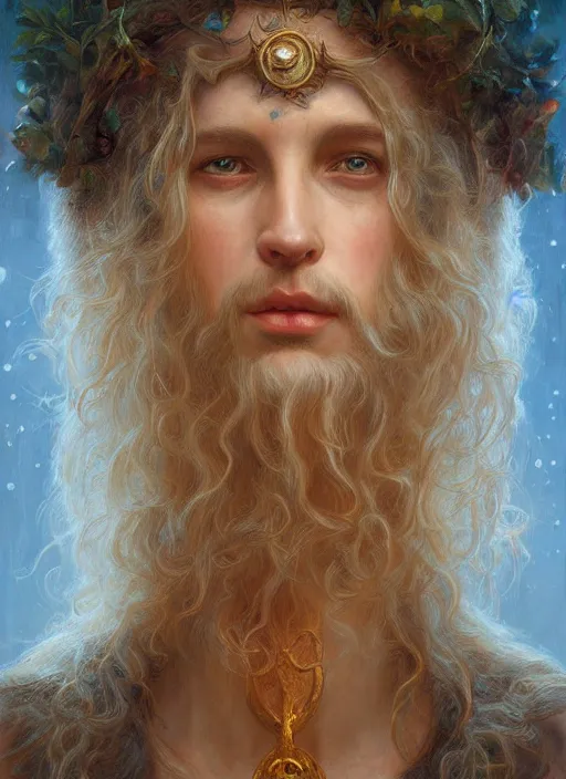 Prompt: druid portrait, by jean delville and sophie anderson and mandy jurgens, golden ratio, perfect composition, elegant, no crop, extremely detailed, hd, masterpiece, artstation