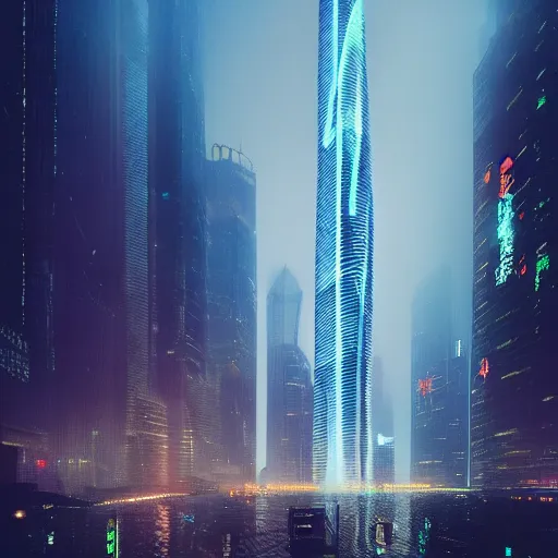 Prompt: cyberpunk shanghai lujiazui in the night seen from below, cityscape, mist, rain, artstation, greg rutkowski, hq