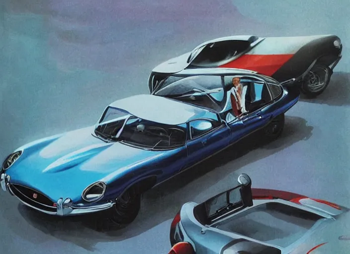 Prompt: ( ( ( ( ( jaguar e - type car, car concept art, sci - fi illustration, painting, in the style of danger diabolik 1 9 6 8 ) ) ) ) ) by vincent di fate and john berkey and danger diabolik!!!!!!!