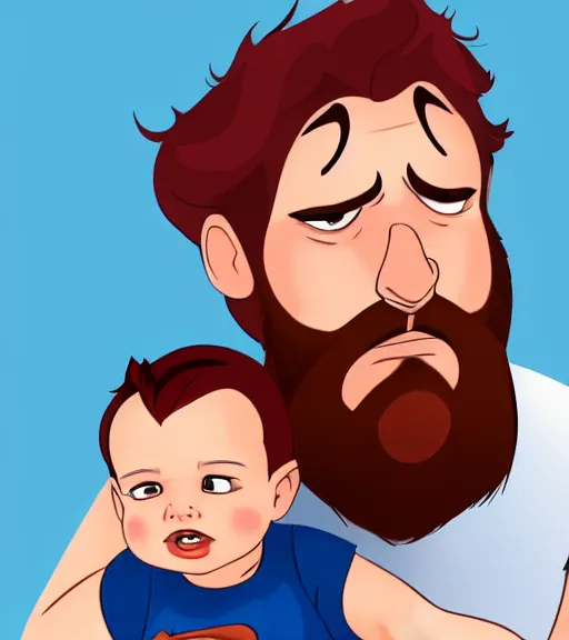 Image similar to a father with short red hair, a short red beard and blue eyes and a slightly chubby face hold his infant son with short brown hair full color digital illustration in the style of don bluth, artgerm, artstation trending, 4 k