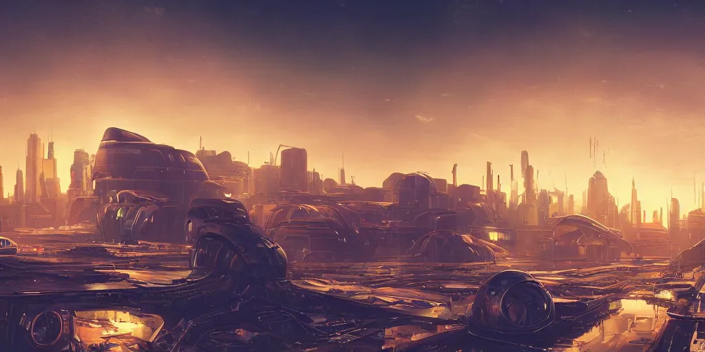 Prompt: wide panorama landscape, industrial alien crashed spaceship in a cyberpunk alley cityscape with blue and green lights, early dusk golden and orange hues, highly detailed, dramatic lighting, volumetric lighting, style of Raphael Lacoste, grandfailure, Tithi Luadthong