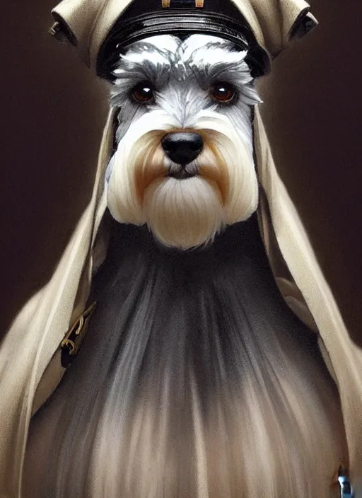 Image similar to portrait of stoic looking miniature schnauzer, military uniform, black fir, white eyebrows, fantasy, intricate, elegant, highly detailed, centered, dark, smokey, digital painting, artstation, concept art, smooth, sharp focus, illustration, art by artgerm and greg rutkowski and alphonse mucha