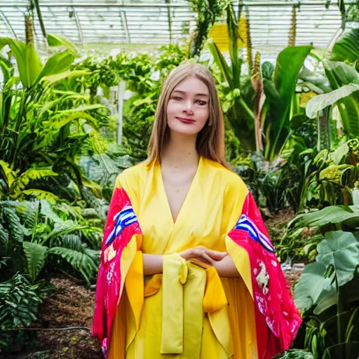 Image similar to photo portrait of the face of a young russian woman wearing a yellow kimono in a tropical greenhouse