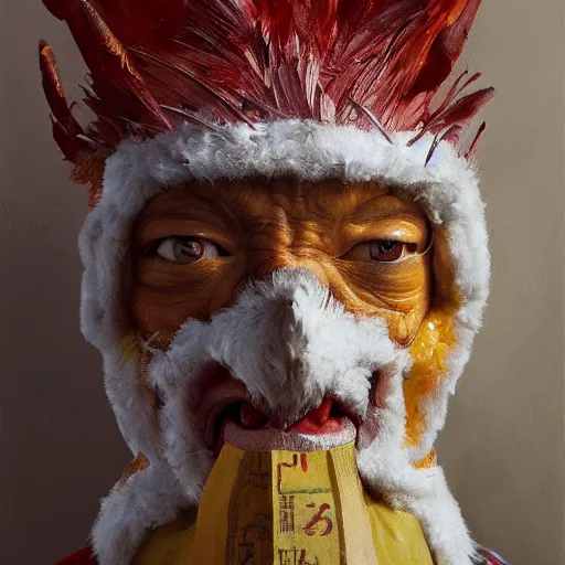 Prompt: scary portrait of an asian man dressed as a chicken, the chicken man, man dressed as a chicken, highly detailed painting by craig mullins, 8 k, man dressed as a chicken