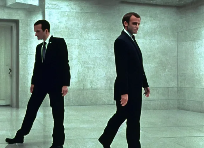 Image similar to hyper realistic, production still of emmanuel macron playing neo in matrix ( 1 9 9 9 ), 4 k, highly detailed, anamorphic