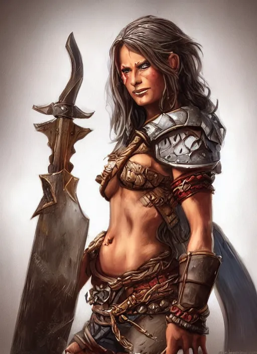 Image similar to female barbarian, ultra detailed fantasy, dndbeyond, bright, colourful, realistic, dnd character portrait, full body, pathfinder, pinterest, art by ralph horsley, dnd, rpg, lotr game design fanart by concept art, behance hd, artstation, deviantart, hdr render in unreal engine 5