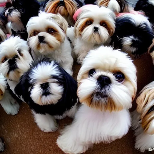 Prompt: extreme fisheye lens photo of lots of shih tzu terrier dogs