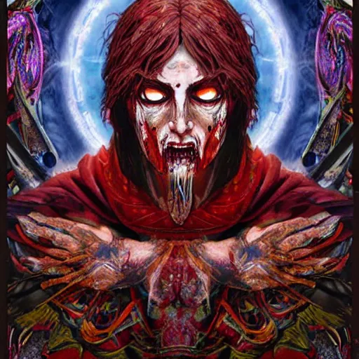 Image similar to 4K headshot portrait of godlike Warlock of Nazareth with defined arms and open hands and bloody clothes with giant mandala wings , intricate face , flawless anime cel animation by Kentaro Miura, psychedelic , highly detailed upper body , professionally post-processed , beautiful, scary, symmetry accurate features, epic, octane rendered, anime masterpiece, accurate by Craig Mullins, ilya kuvshinov, krenz cushart, epic , artgerm trending on artstation by Edward Hopper and Dan Mumford and WLOP and Rutkovsky, beksinski carl spitzweg moebius and tuomas kocar, intricate artwork by caravaggio, Unreal Engine 5, Lumen, Nanite