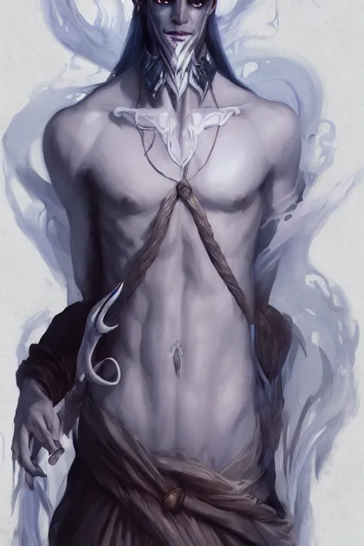 Prompt: djinn man male demon, portrait, white honrs, full body character concept art, costume design, illustration, white horns from eyebrows, single face, cinematic color grading, editorial photo, fashion, hyperrealism, trending on artstation, Charlie Bowater, WLOP