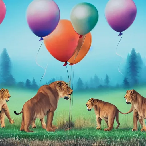 Prompt: award winning panoramic nature photography, a scenic picture of a birthday cake surrounded by lions. balloons are in the background. birthday party setting. extremely detailed lioness. hyperrealistic, 8 k