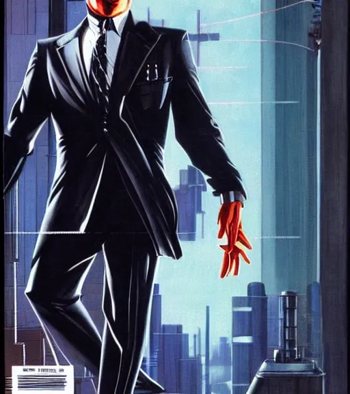 Prompt: a cyberpunk mafia boss in a suit with slicked back black hair played by marlon brando, 1 9 7 9 omni magazine cover, style by vincent di fate, artgerm, very coherent, detailed, 4 k resolution, dark, unreal engine, daz