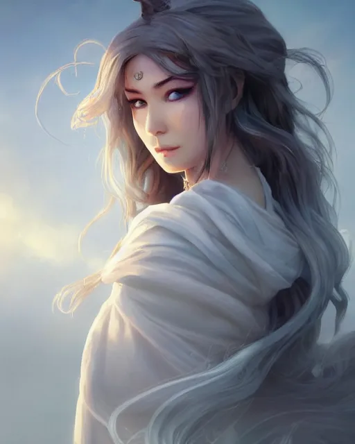 Image similar to a beautiful female cleric, ethereal, dreamy, backlit, realistic face, realistic lighting, sharp focus, hair in the wind, rule of thirds, by artgerm, wlop, rossdraws, frank frazetta, andrei riabovitchev, trending on artstation, hd, 4 k, fantasy