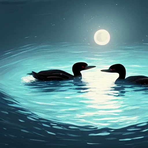 Prompt: two loons swimming at night, moonlight, highly detailed, digital painting, artstation, concept art, matte, sharp focus, illustration