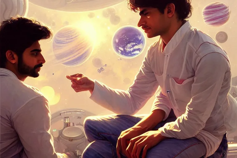 Image similar to Sensual good looking pale young Indian doctors wearing jeans in a space station above Earth, portrait, elegant, intricate, digital painting, artstation, concept art, smooth, sharp focus, illustration, art by artgerm and greg rutkowski and alphonse mucha