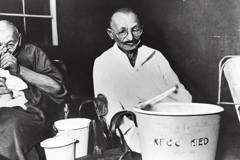 Prompt: candid photograph of ghandi secretly eating a bucket of kfc