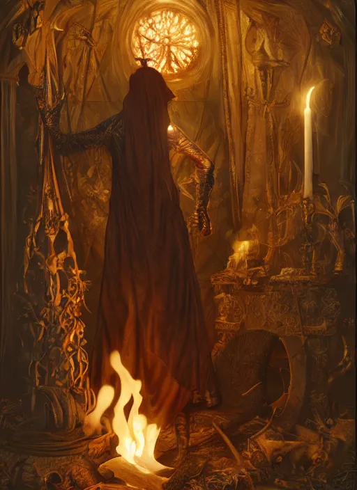 Prompt: masked firestarter inside covens den, intricate wiccan scene detailing, hyperdetailed fire, photorealistic, diffuse lighting, hdrp, artstation, unreal 5, smooth, textless, sharp focus, art by john collier, albert aublet, krenz cushart, artem demura, alphonse mucha