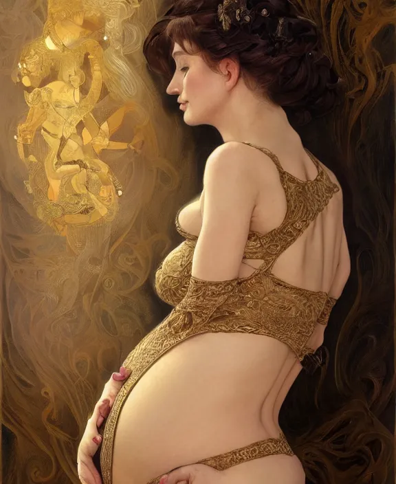 Image similar to a highly detailed portrait of a pregnant woman, intricate silk set, honey birdette, deep focus, d & d, fantasy, intricate, elegant, highly detailed, digital painting, artstation, concept art, matte, sharp focus, illustration, hearthstone, photography of charline von heyl, art by artgerm and greg rutkowski and alphonse mucha