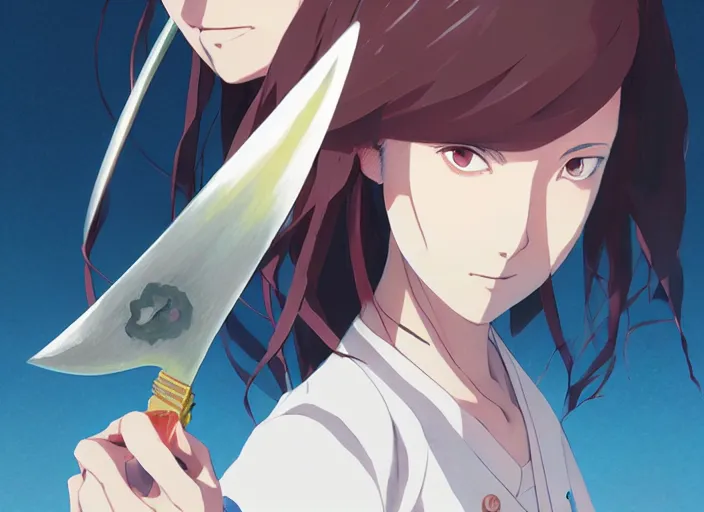 Image similar to portrait of woman sword fighting, rule of thirds, illustration concept art anime key visual, trending pixiv fanbox by wlop and greg rutkowski and makoto shinkai and studio ghibli and kyoto animation