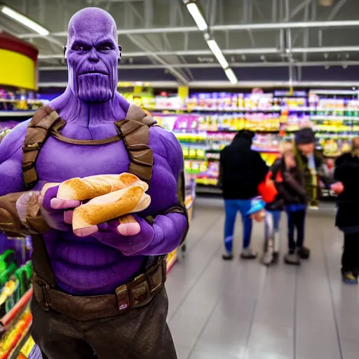 Image similar to thanos grumpily waiting in line at walmart grocery store, holding a baguette, photograph, 16mm f/1.4, 4k