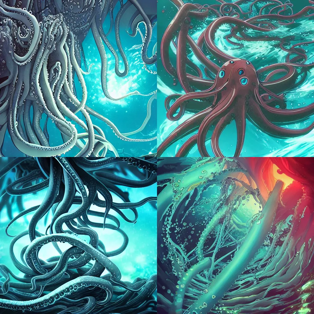 Prompt: “an underwater swarm of tentacles, deep ocean abyss, dark water, anime key visual”