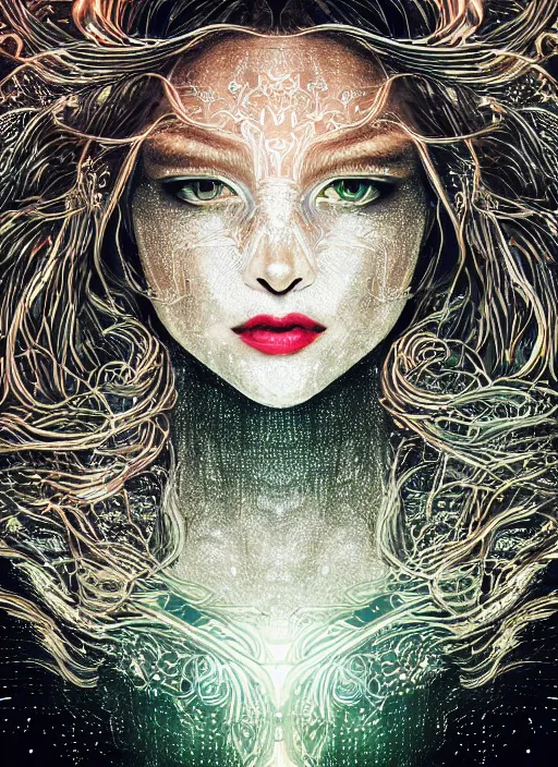 Image similar to glowing silver and golden elements, full close-up portrait, vector dark witch from unsplash, book cover, green forest, white moon, red lips, establishing shot, extremly high detail, photo-realistic, cinematic lighting, pen and ink, intricate line drawings, by Yoshitaka Amano, Ruan Jia, Kentaro Miura, Artgerm, post processed, concept art, artstation, matte painting, style by eddie mendoza, raphael lacoste, alex ross