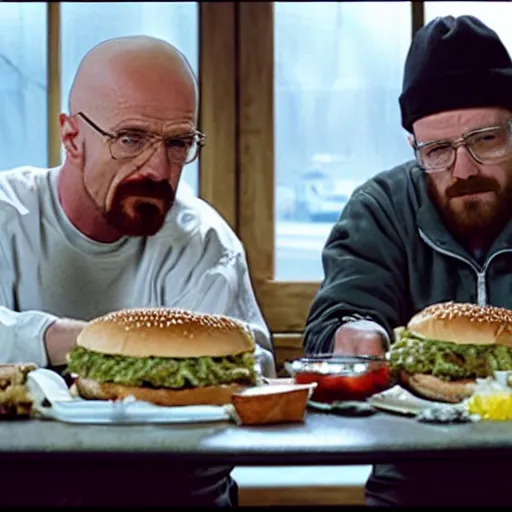 Image similar to walter white and jesse pinkman eating hamburger