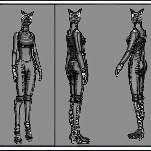 Image similar to cyberpunk cat in suit sketch, front, side, and back view, arms outstretched, modeling reference sheet,