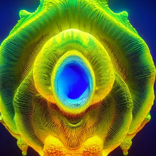 Image similar to a hyperrealistic 3 d octane render of a fish made entirely of gigantic mandelbrot fractals, unreal engine, dramatic lighting, volumetric lighting, backlit, vray lighting, ray tracing, ultra detailed, photorealism, neon, glowing