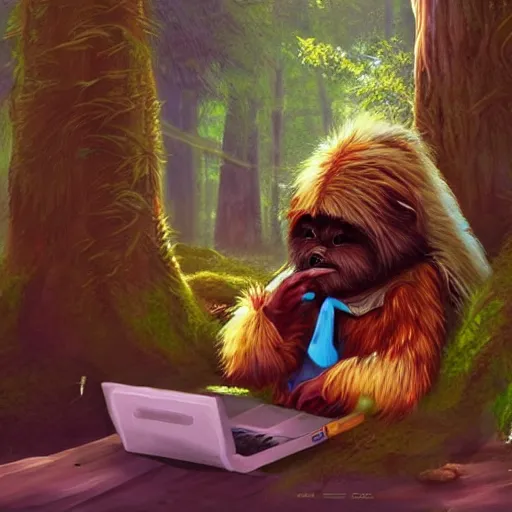 Image similar to studious ewok typing on a computer in the forest, artstation, colorful