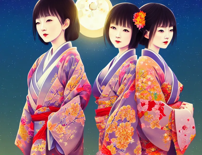 Image similar to two beautiful charming japan girls wear arty kimono in festival | | sunny night, full moon, dreamlike art, realistic shaded, smile, good looking, hyper details, 4 k realistic, cryengine, realistic shaded lighting poster by ilya kuvshinov, fuji choko, ross tran, 8 k resolution, trending on artstation, luxury