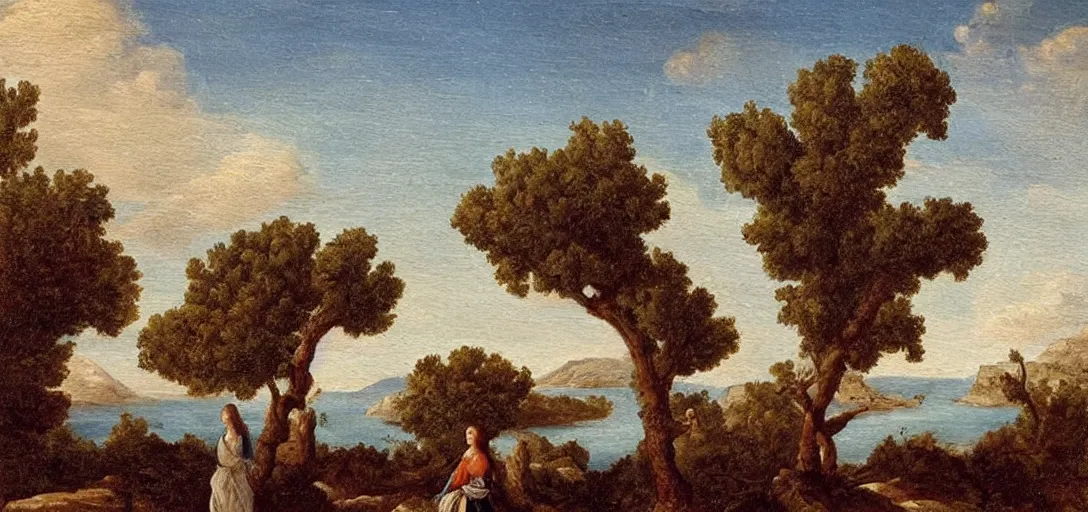 Prompt: 1 7 th century oil painting of a greek island! dreamy! landscape! olive trees!! woman in a long white dress silhouette!! in the distance on the island! blue sea!!