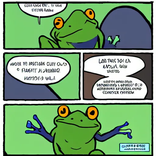 Prompt: a four panel comic about a talkative frog