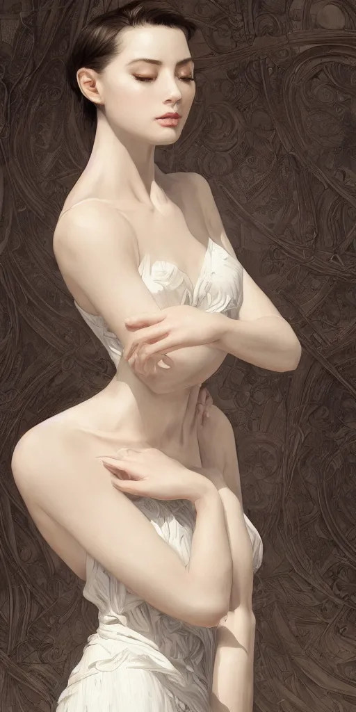 Prompt: ultra realistic artistic pose illustration studio of a beautiful elegant girl in an artistic pose covered, intricate, elegant, highly detailed, digital painting, artstation, concept art, smooth, sharp focus, illustration, delicate features. bright white. ultra realistic. ultra clear detailed art by artgerm, atey ghailan, craig mullins and greg rutkowski and alphonse mucha