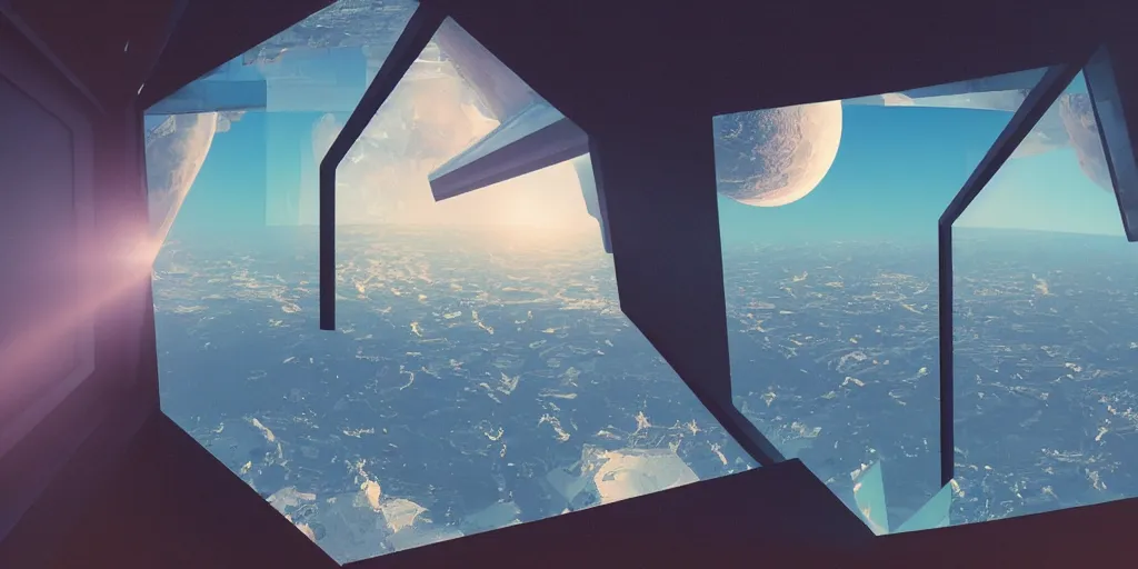 Image similar to a window!!!!! with a view of the earth through it, a computer rendering by mike beeple winkelmann, behance contest winner, cubo - futurism!!!!!, retrowave!!!!!, synthwave!!!!!, rendered in cinema 4 d