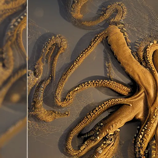 Image similar to stunning photo of a kraken seen outside the window of the ISS, beautiful ambient light, golden hour, 85mm f1.8