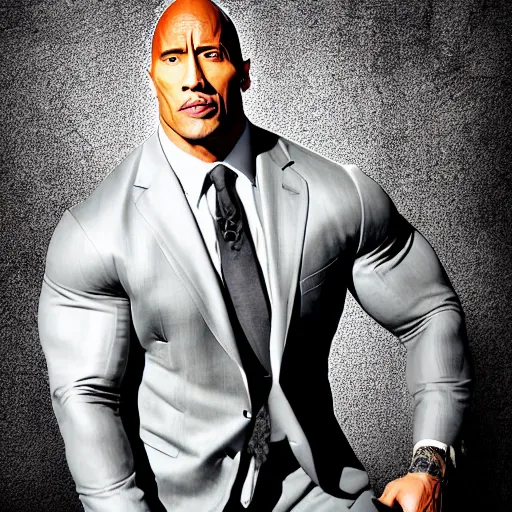 Image similar to the rock dwayne johnson with a mafia dress , photo , Hyperdetailed