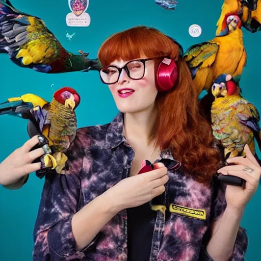 Image similar to a stunning hyper-detailed portrait photo of a beautiful bespectacled woman with long auburn hair and bangs, wearing a tie-dye t-shirt, wearing futuristic headphones and posing with her raccoons and parrots in an overstuffed easy chair in her sunlit living room, holding a coffee mug decorated with parrots, and holding a strawberry-glazed donut and smoking an elaborate hookah, perfect eyes, octane render, unreal engine, 85 mm lens,