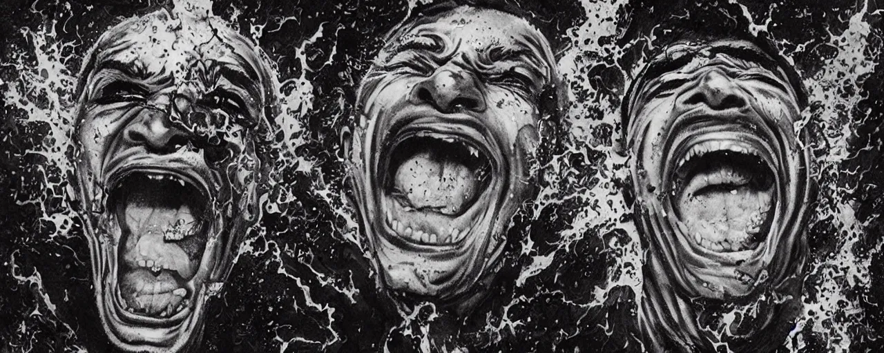 Image similar to portrait of a mad man screaming and laughing with lava bursting from the eyes, black ink stain, by Jim Phillips,