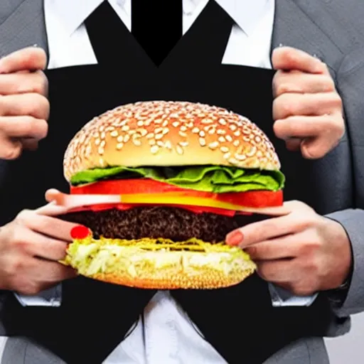 Prompt: a hamburger in a business suit, realistic photo