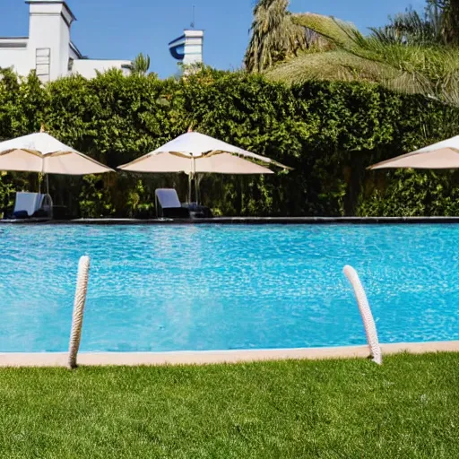 Prompt: donald trump sunbathing in string, swimming pool in background