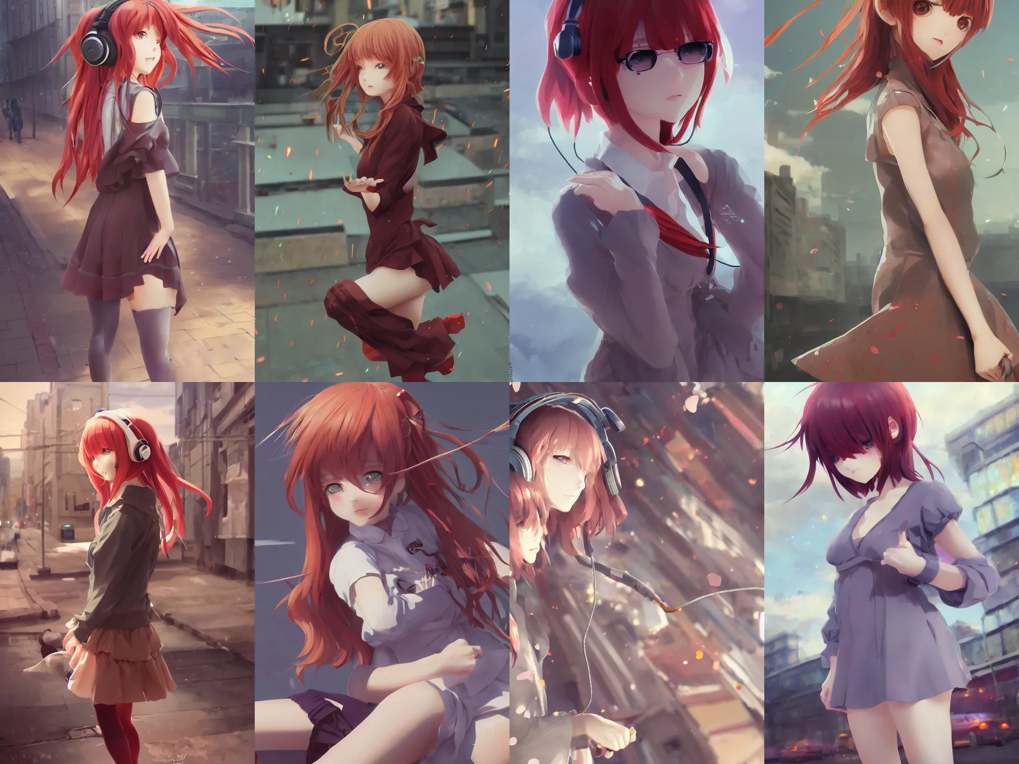 Prompt: complicated dynamic composition, realistic anime style at Pixiv CGSociety by WLOP, ilya kuvshinov, krenz cushart, Greg Rutkowski, trending on artstation. Zbrush sculpt colored, Octane render in Maya and Houdini VFX, cute young redhead girl in motion, expressing joy, dress, headphones, silky hair, deep eyes.In cityscape.Amazing textured brush strokes. Cinematic dramatic atmosphere, sharp focus, soft volumetric studio lighting.