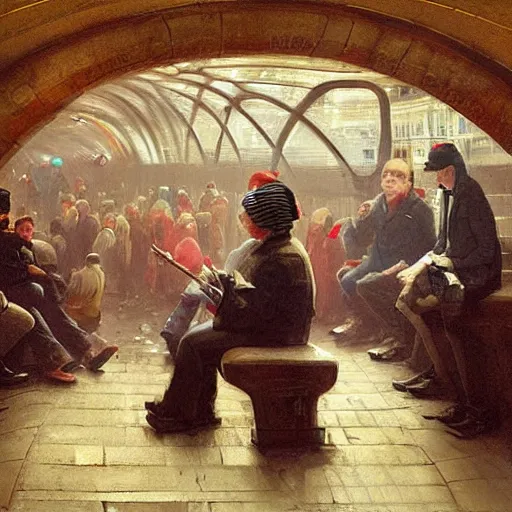 Image similar to inside the paris subway a child is putting his finger in the nose, a musician is playing. by greg rutkowski