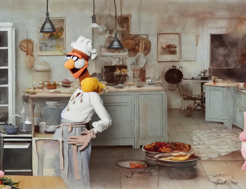 Image similar to muppet swedish chef cooking in a kitchen in country house, cottage core, cinematic focus, polaroid photo bleached vintage pastel colors high - key lighting, soft lights, foggy, by steve hanks, by lisa yuskavage, by serov valentin, by tarkovsky, 8 k render, detailed, oil on canvas